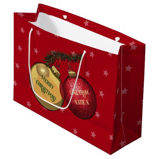 名前を追加クリスマスツリー装飾の漫画 ラージペーパーバッグ (正面アングル)