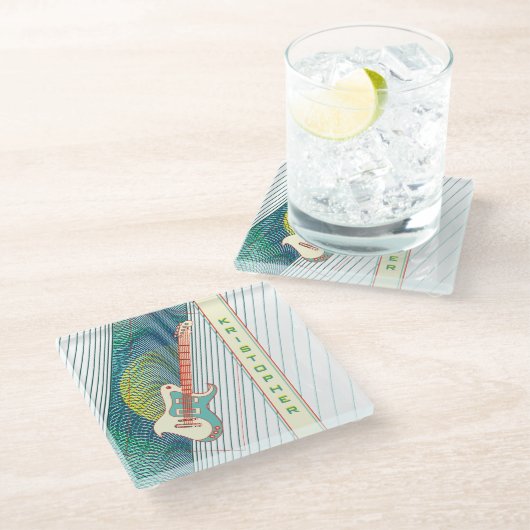 名前を追加クール白モダンとティール(緑がかった色)エレキギター ガラスコースター (アングル)