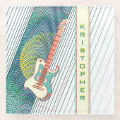 名前を追加クール白モダンとティール(緑がかった色)エレキギター ガラスコースター (正面)