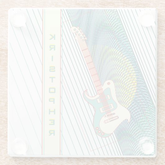 名前を追加クール白モダンとティール(緑がかった色)エレキギター ガラスコースター (裏面)