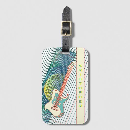 名前を追加クール白モダンとティール(緑がかった色)エレキギター ラゲッジタグ (正面縦)