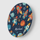 名前を追加クールRocket Ship宇宙と惑星 ラージ壁時計 (傾斜)