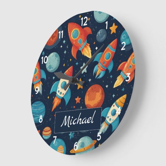 名前を追加クールRocket Ship宇宙と惑星 ラージ壁時計 (傾斜)