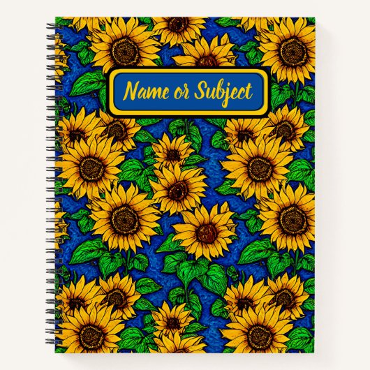 名前を追加ゴールデンヒマワリ葉ー&ダークブルー ノートブック (正面)