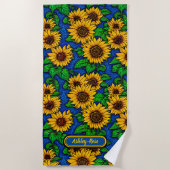 名前を追加ゴールデンヒマワリ葉ー&ダークブルー ビーチタオル (正面)