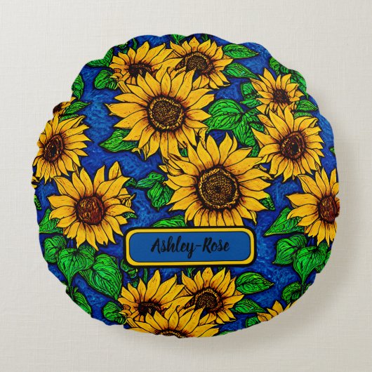 名前を追加ゴールデンヒマワリ葉ー&ダークブルー ラウンドクッション (正面)