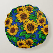 名前を追加ゴールデンヒマワリ葉ー&ダークブルー ラウンドクッション (裏面)
