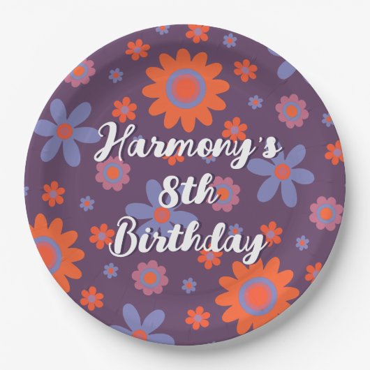 名前を追加ハッピーレトロ花70sデイジーおもしろいかわいい ペーパープレート (正面)