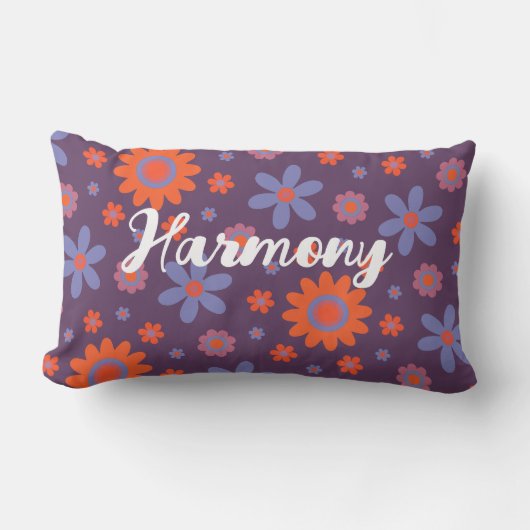名前を追加ハッピーレトロ花70sデイジーおもしろいかわいい ランバークッション (正面)