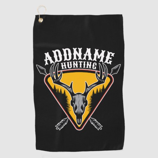 名前を追加ハンターエルクスカルビッグ〔雄ジカの〕枝角鹿狩り ゴルフタオル (正面)