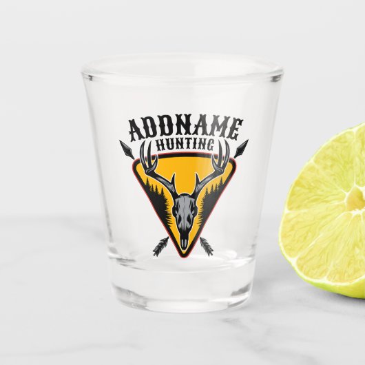 名前を追加ハンターエルクスカルビッグ〔雄ジカの〕枝角鹿狩り ショットグラス (正面)