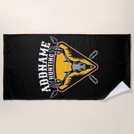 名前を追加ハンターエルクスカルビッグ〔雄ジカの〕枝角鹿狩り ビーチタオル (正面)