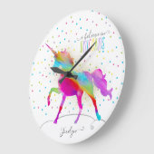 名前を追加パーソナライズされたRainbow Unicorn金ゴールドグリッター ラージ壁時計 (傾斜)