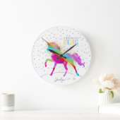 名前を追加パーソナライズされたRainbow Unicorn金ゴールドグリッター ラージ壁時計 (ホーム)