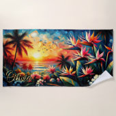 名前を追加ピンクのオレンジ熱帯花ヤシの鳥 ビーチタオル (正面)