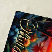 名前を追加ピンクのオレンジ熱帯花ヤシの鳥 ビーチタオル (インサイチュ)