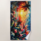 名前を追加ピンクのオレンジ熱帯花ヤシの鳥 ビーチタオル (正面)