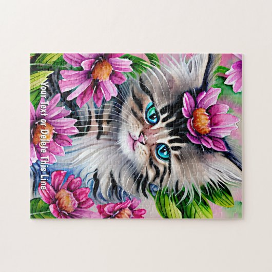 名前を追加文字子猫とピンクの花緑の葉 ジグソーパズル (横)