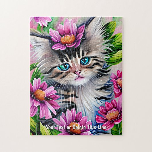 名前を追加文字子猫とピンクの花緑の葉 ジグソーパズル (縦)