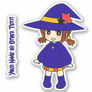 名前を追加、かわいいブルー小さな女の子ウィッチハットスターズ シール