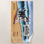 名前を追加，シベリアのハスキー波の犬 ビーチタオル (正面)