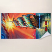 名前を追加，スタイル化されたブルーセイルズ海賊帆走船 ビーチタオル (正面)