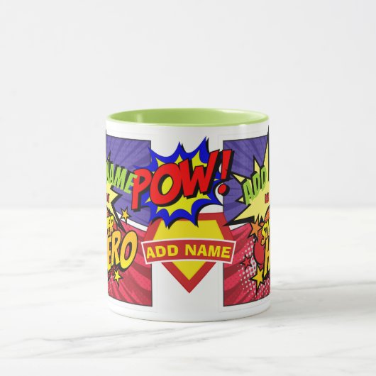（名前を追加）スーパーヒーローパーソナライズされた漫画ヒーロー マグカップ (中央)