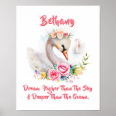 名前を追加 テキスト,  ソフトなスワンとピンクのバラの花 ポスター (正面)