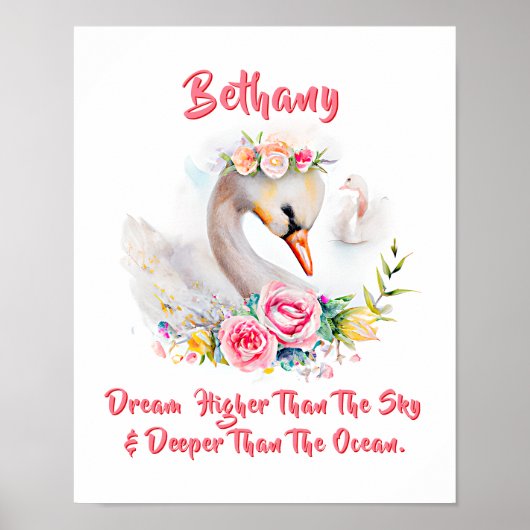 名前を追加 テキスト,  ソフトなスワンとピンクのバラの花 ポスター (正面)