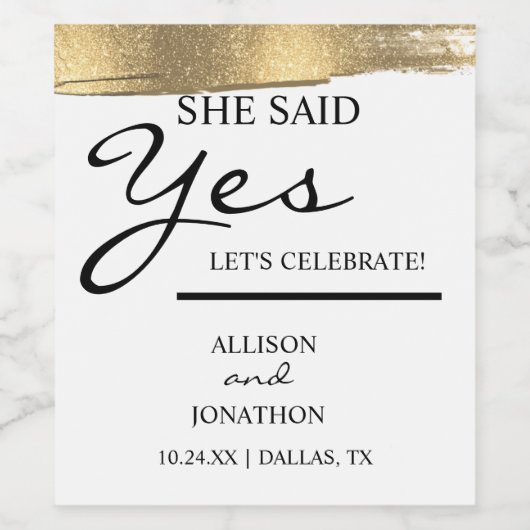名前を追加 彼女はイエスと言った ゴールドグリッターエンゲージメント 勝つ ワインラベル (シングルラベル)