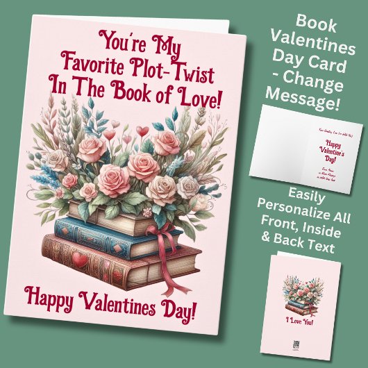 名前を追加，本の花ピンクのバレンタインデー カード