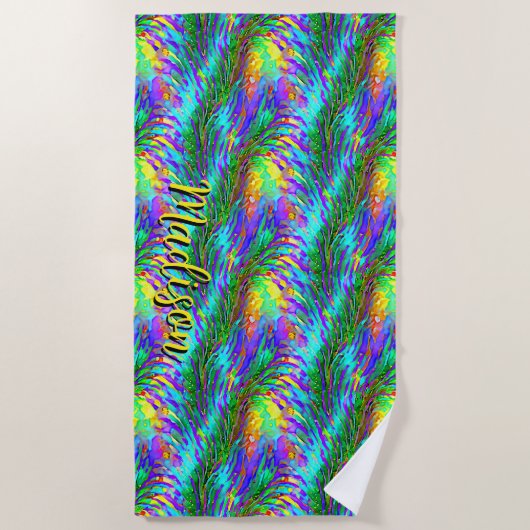 名前を追加、海藻の緑の黄色のアクア渦巻き ビーチタオル (正面)