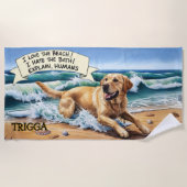 名前を追加，黄金のラブラドールドッグ走の波の ビーチタオル (正面)