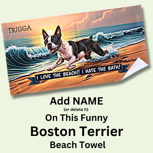 名前を追加， Boston Terrier Splashing in Waves Dog ビーチタオル
