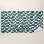 名前を追加， Mermaid Aqua はかりで測 Pearl Silver Diamond ビーチタオル (正面)