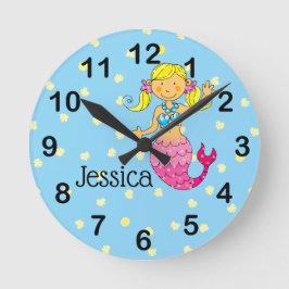 名前を追加 – pink princess mermaid （ブロンド髪） ラウンド壁時計