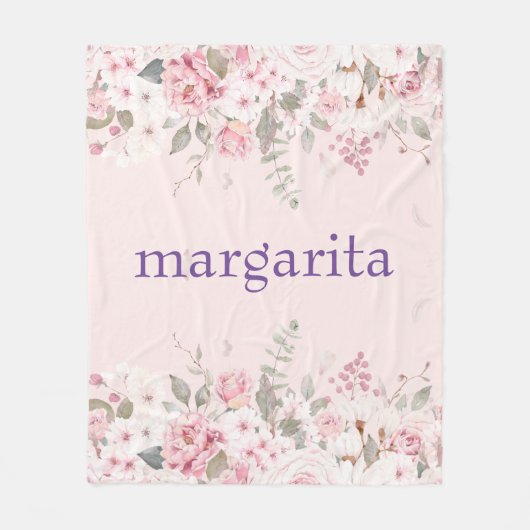 名前を追加Bohoピンクグリーン白花模様 フリースブランケット (正面)