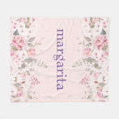 名前を追加Bohoピンクグリーン白花模様 フリースブランケット (正面(横))