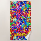 名前を追加Bright Fireworks、水彩絵画色 ビーチタオル (正面)