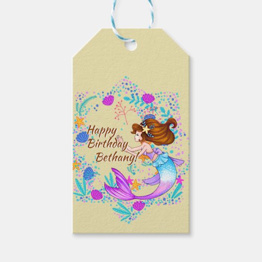 名前を追加Brown Hair Mermaid Mauve on Creamパーティー ギフトタグ (正面)