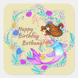 名前を追加Brown Hair Mermaid Mauve on Creamパーティー スクエアシール