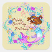 名前を追加Brown Hair Mermaid Mauve on Creamパーティー スクエアシール (正面)