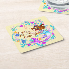 名前を追加Brown Hair Mermaid Mauve on Creamパーティー スクエアペーパーコースター