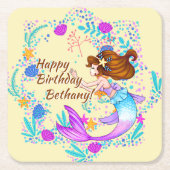 名前を追加Brown Hair Mermaid Mauve on Creamパーティー スクエアペーパーコースター (正面)