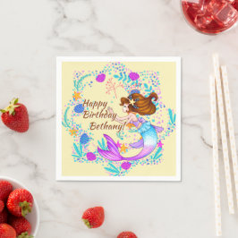 名前を追加Brown Hair Mermaid Mauve on Creamパーティー スタンダードカクテルナプキン