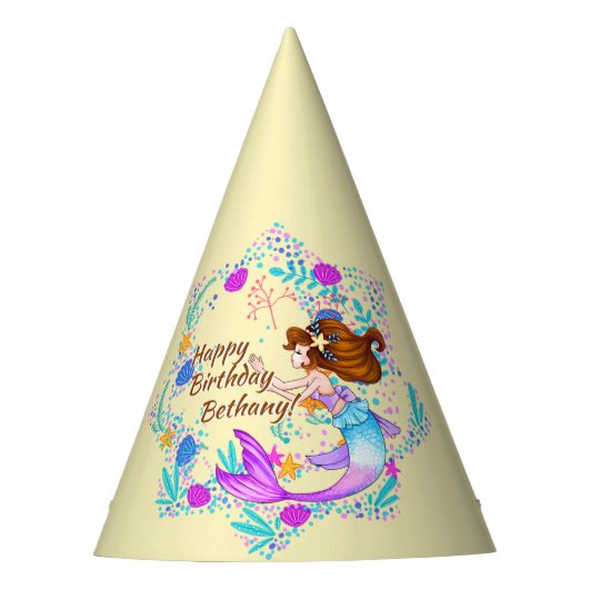 名前を追加Brown Hair Mermaid Mauve on Creamパーティー パーティーハット (正面)