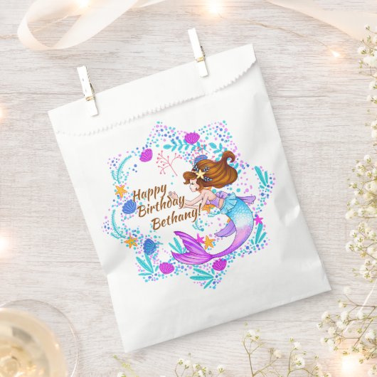 名前を追加Brown Hair Mermaid Mauve on Creamパーティー フェイバーバッグ (クリップ留めされた状態)