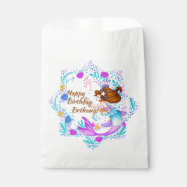 名前を追加Brown Hair Mermaid Mauve on Creamパーティー フェイバーバッグ