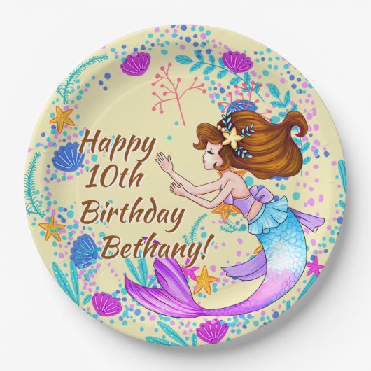 名前を追加Brown Hair Mermaid Mauve on Creamパーティー ペーパープレート (正面)