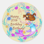 名前を追加Brown Hair Mermaid Mauve on Creamパーティー ラウンドシール (正面)